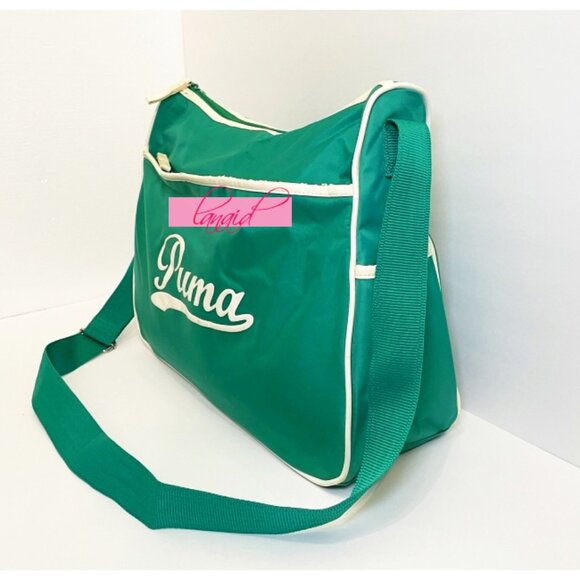 VINTAGE Puma Shoulder Bag Crossbody Green Ivory Bookbag Gym Weekend Zip Tote - Picture 10 of 15
